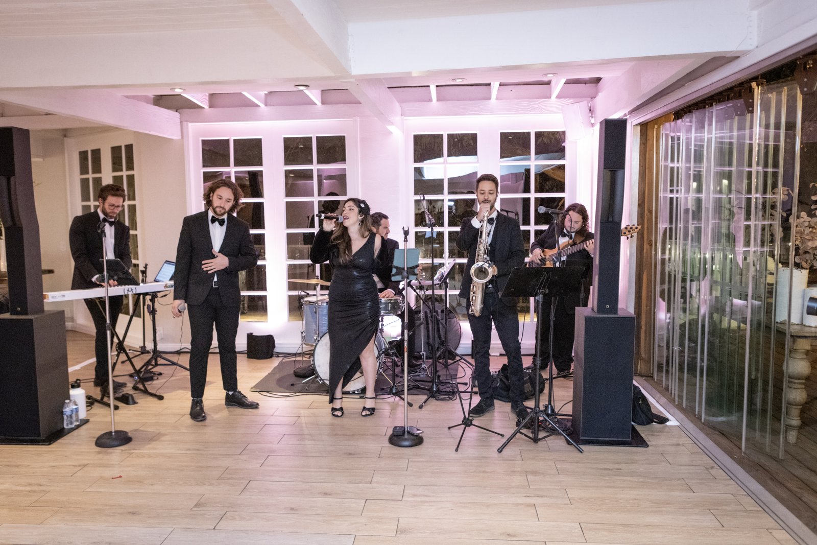 Sunny Jazz Band performing indoors at a corporate sales appreciation event at Calamigos Ranch in Malibu